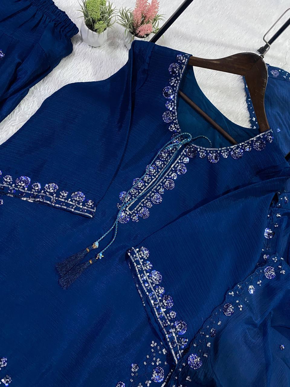 THIS WEDDING SEASON WEAR OUR THREE PIECE OUTFIT WITH SEQUENCE EMBROIDERED WORKED TOP, FARSI SALWAAR AND DUPATTA