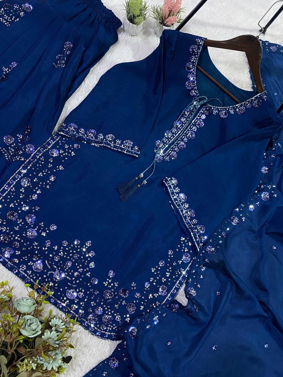 THIS WEDDING SEASON WEAR OUR THREE PIECE OUTFIT WITH SEQUENCE EMBROIDERED WORKED TOP, FARSI SALWAAR AND DUPATTA