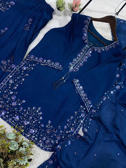 THIS WEDDING SEASON WEAR OUR THREE PIECE OUTFIT WITH SEQUENCE EMBROIDERED WORKED TOP, FARSI SALWAAR AND DUPATTA