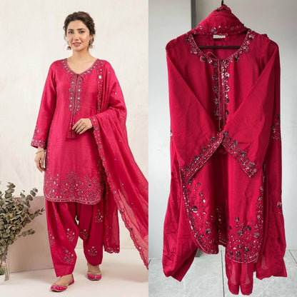 THIS WEDDING SEASON WEAR OUR THREE PIECE OUTFIT WITH SEQUENCE EMBROIDERED WORKED TOP, FARSI SALWAAR AND DUPATTA
