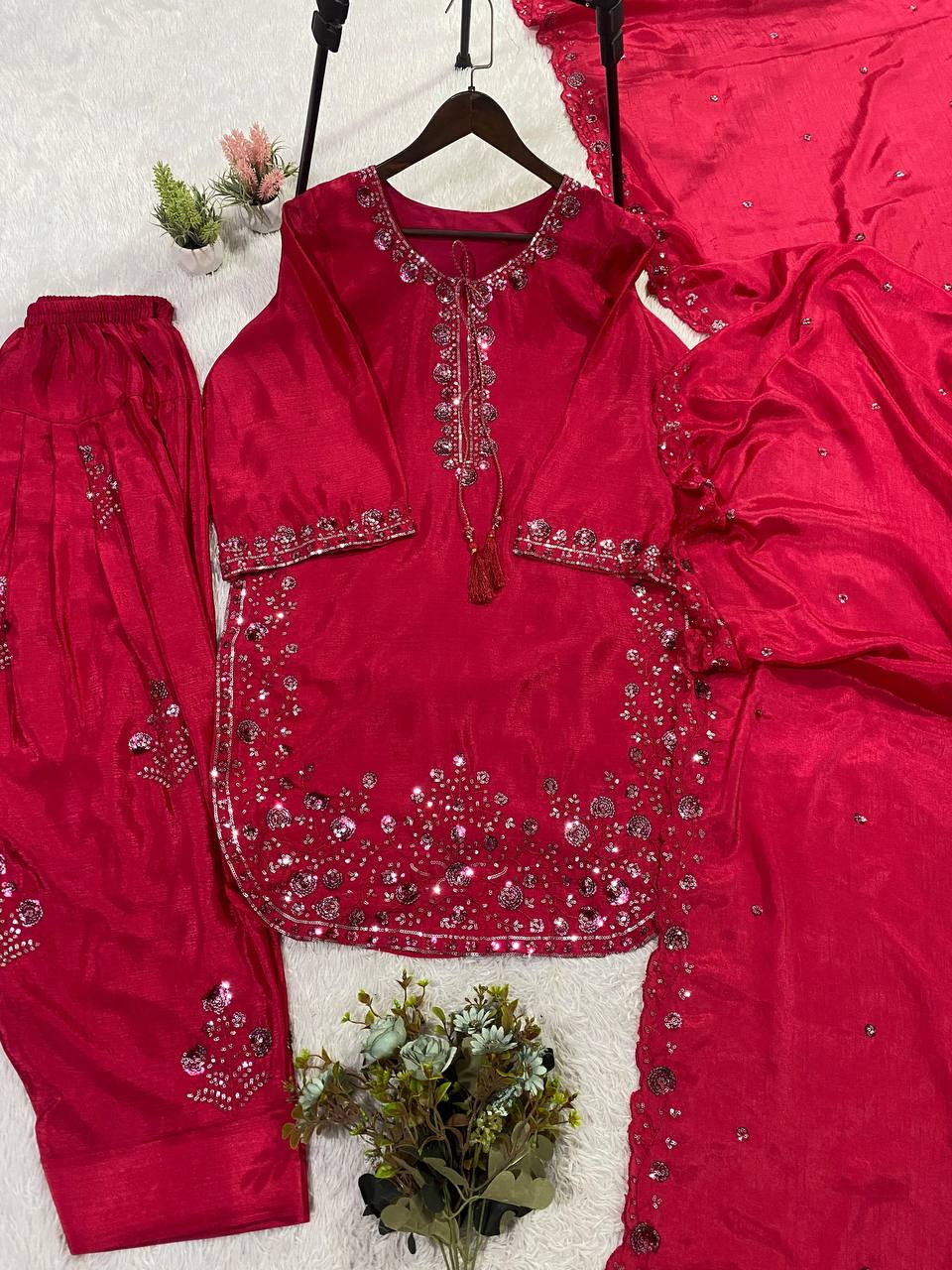 THIS WEDDING SEASON WEAR OUR THREE PIECE OUTFIT WITH SEQUENCE EMBROIDERED WORKED TOP, FARSI SALWAAR AND DUPATTA