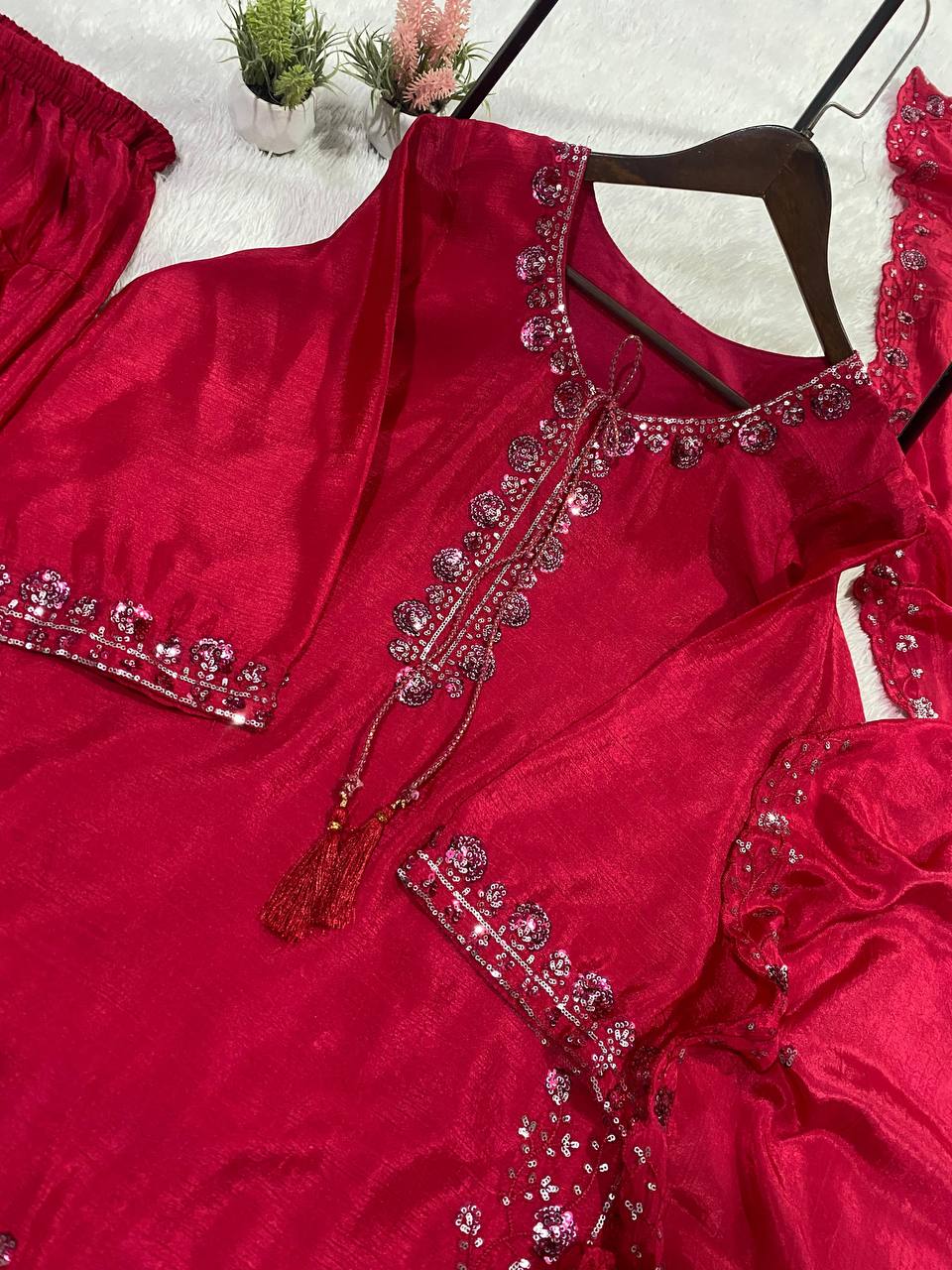 THIS WEDDING SEASON WEAR OUR THREE PIECE OUTFIT WITH SEQUENCE EMBROIDERED WORKED TOP, FARSI SALWAAR AND DUPATTA