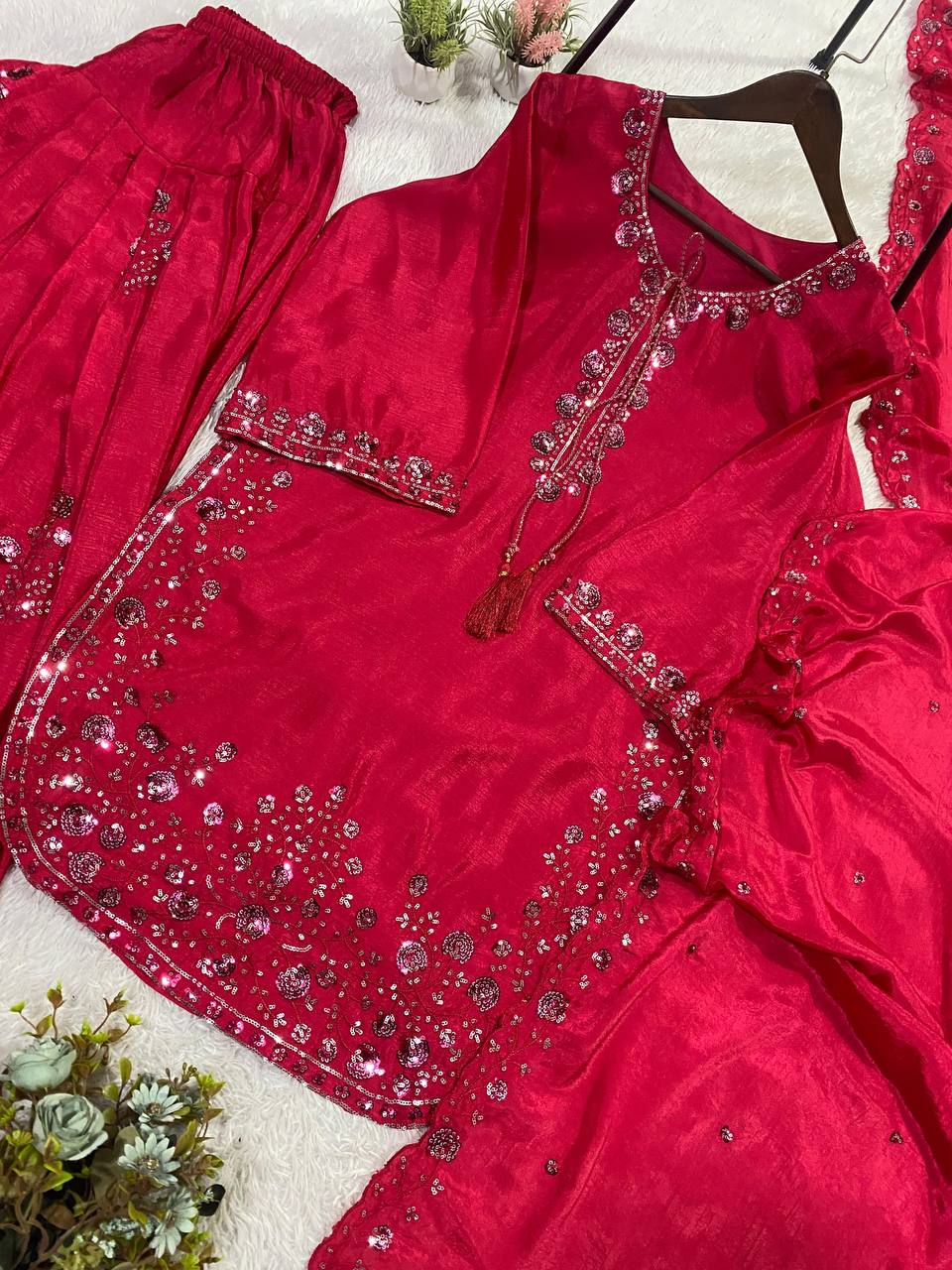 THIS WEDDING SEASON WEAR OUR THREE PIECE OUTFIT WITH SEQUENCE EMBROIDERED WORKED TOP, FARSI SALWAAR AND DUPATTA