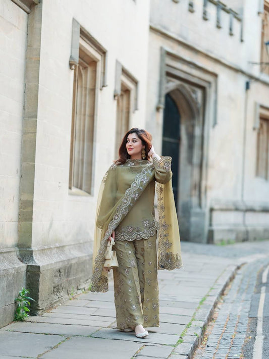 Designer Collection In French Crep Silk Top-Bottom And Dupatta Set Fully Stitched Ready To Wear