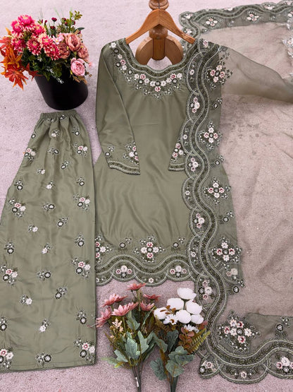 Designer Collection In French Crep Silk Top-Bottom And Dupatta Set Fully Stitched Ready To Wear