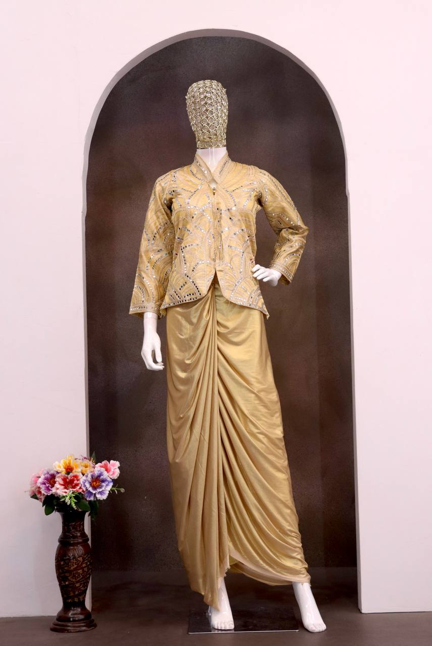 Bollywood Style Real Mirror work Goldern  Embroidery Work detailing 3 pic indo-Western Set