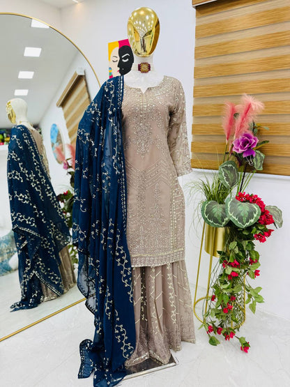 Party Wear Look Pure  FOX GEORGETTE  Top Plazzo & Dupatta Set pakistani  suits
