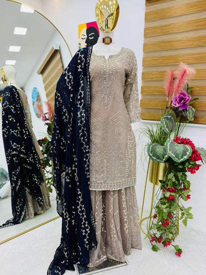 Party Wear Look Pure  FOX GEORGETTE  Top Plazzo & Dupatta Set pakistani  suits