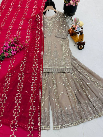 Party Wear Look Pure  FOX GEORGETTE  Top Plazzo & Dupatta Set pakistani  suits
