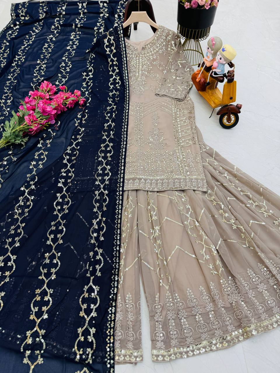 Party Wear Look Pure  FOX GEORGETTE  Top Plazzo & Dupatta Set pakistani  suits