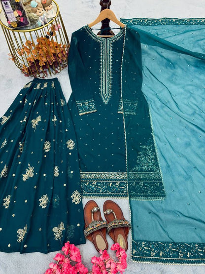 Đěsigner Party Wear Look Pur Heavy Faux Georgette Top Plazzo & Dupatta Set
