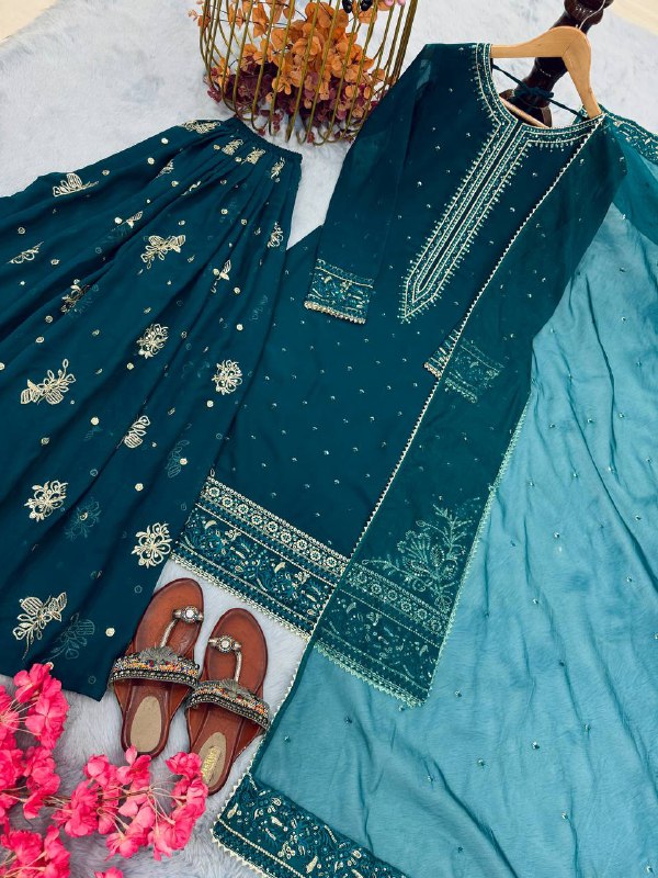Đěsigner Party Wear Look Pur Heavy Faux Georgette Top Plazzo & Dupatta Set