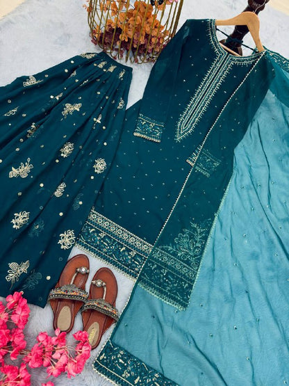Đěsigner Party Wear Look Pur Heavy Faux Georgette Top Plazzo & Dupatta Set
