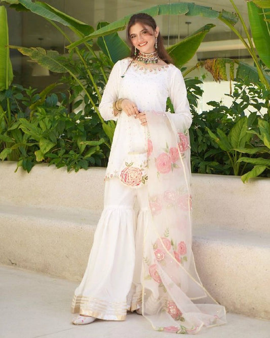 Đěsigner Party Wear Look Pur Natural Crepe Top & Sharara Palazzo With Dupatta set
