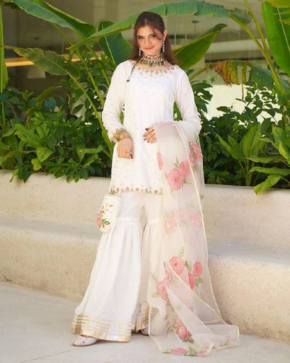 Đěsigner Party Wear Look Pur Natural Crepe Top & Sharara Palazzo With Dupatta set