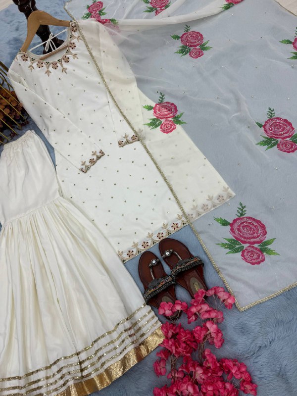 Đěsigner Party Wear Look Pur Natural Crepe Top & Sharara Palazzo With Dupatta set