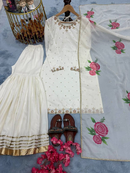 Đěsigner Party Wear Look Pur Natural Crepe Top & Sharara Palazzo With Dupatta set