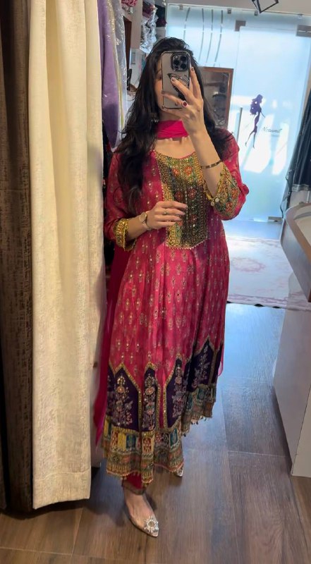 DESIGNER WEAR PRINTED TOP WITH PANT PAIR IN REAL MIRROR WORK