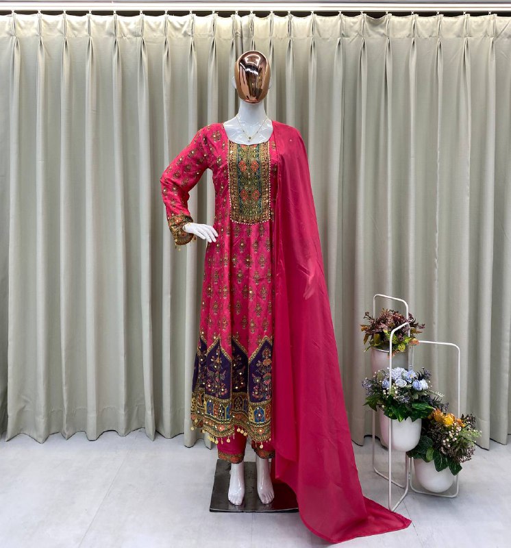 DESIGNER WEAR PRINTED TOP WITH PANT PAIR IN REAL MIRROR WORK