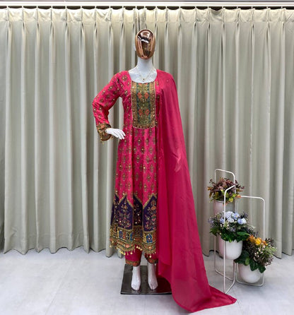 DESIGNER WEAR PRINTED TOP WITH PANT PAIR IN REAL MIRROR WORK