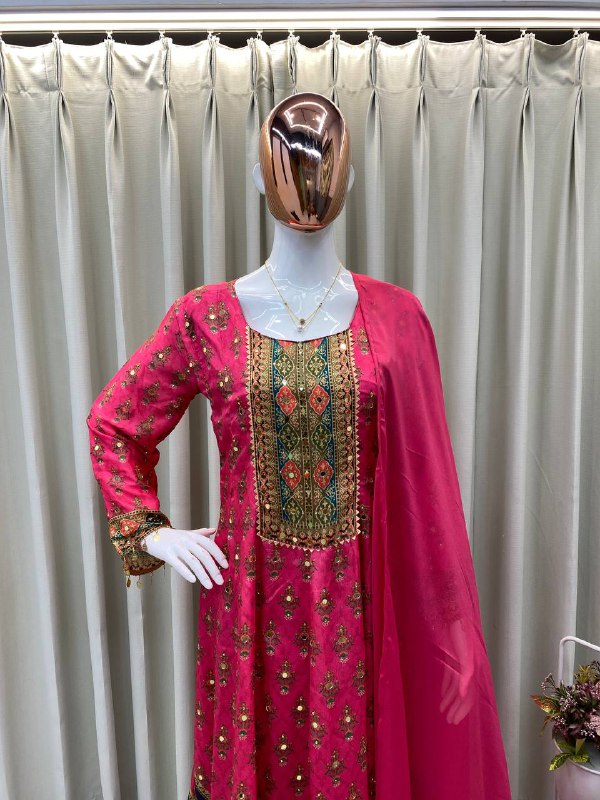 DESIGNER WEAR PRINTED TOP WITH PANT PAIR IN REAL MIRROR WORK