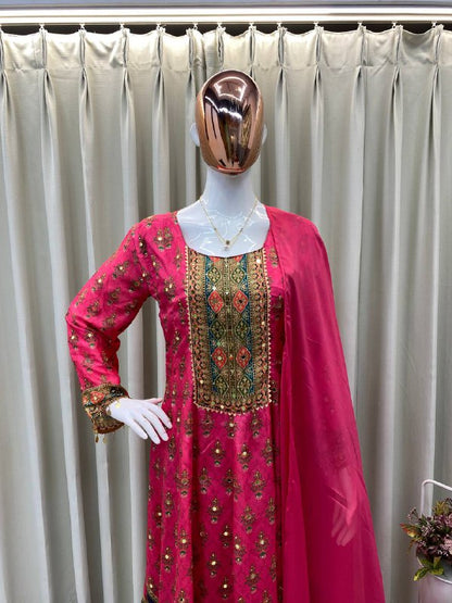 DESIGNER WEAR PRINTED TOP WITH PANT PAIR IN REAL MIRROR WORK
