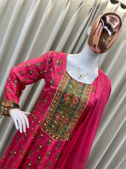 DESIGNER WEAR PRINTED TOP WITH PANT PAIR IN REAL MIRROR WORK