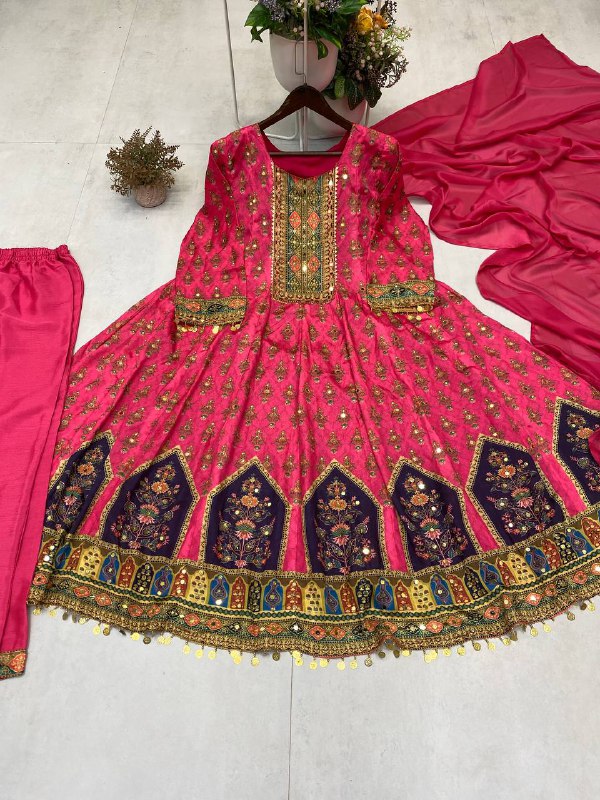 DESIGNER WEAR PRINTED TOP WITH PANT PAIR IN REAL MIRROR WORK