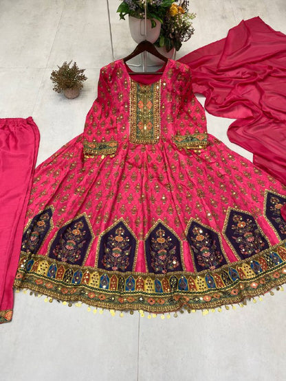 DESIGNER WEAR PRINTED TOP WITH PANT PAIR IN REAL MIRROR WORK