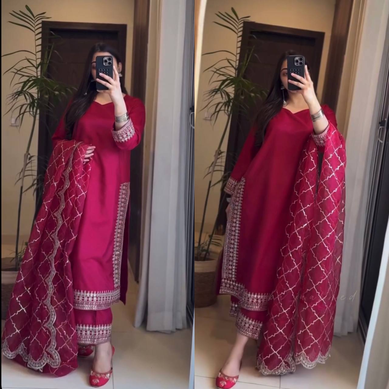 Designer Long Pakistani Suit Top , Pant and Dupptta In Fancy Style