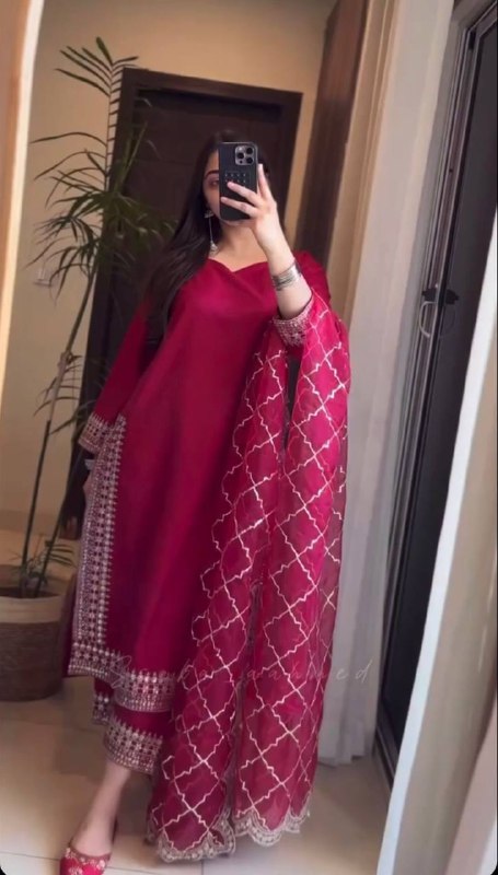 Designer Long Pakistani Suit Top , Pant and Dupptta In Fancy Style
