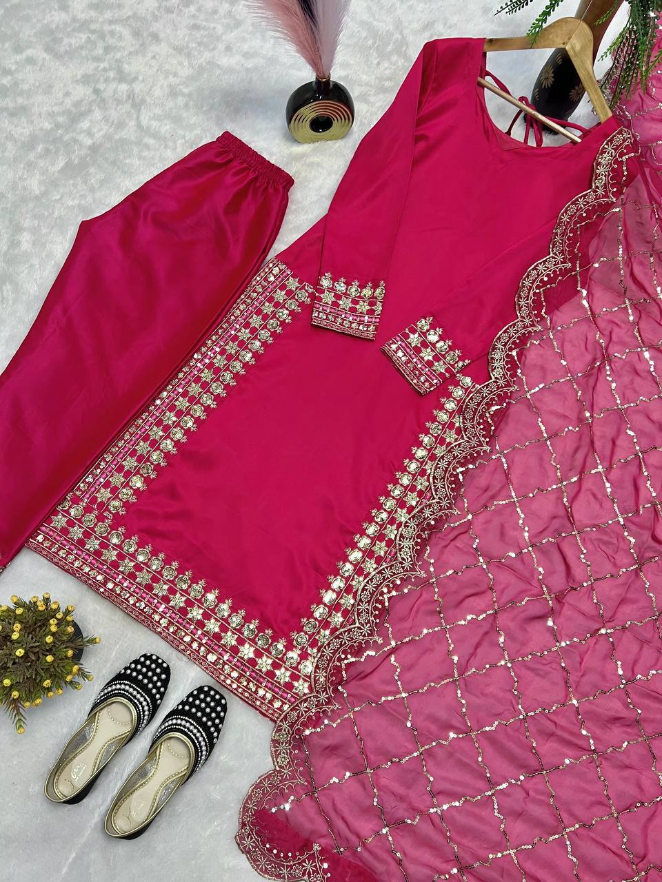 Designer Long Pakistani Suit Top , Pant and Dupptta In Fancy Style