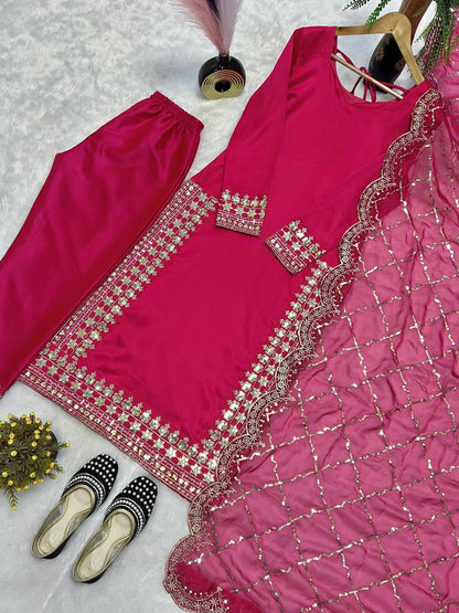 Designer Long Pakistani Suit Top , Pant and Dupptta In Fancy Style