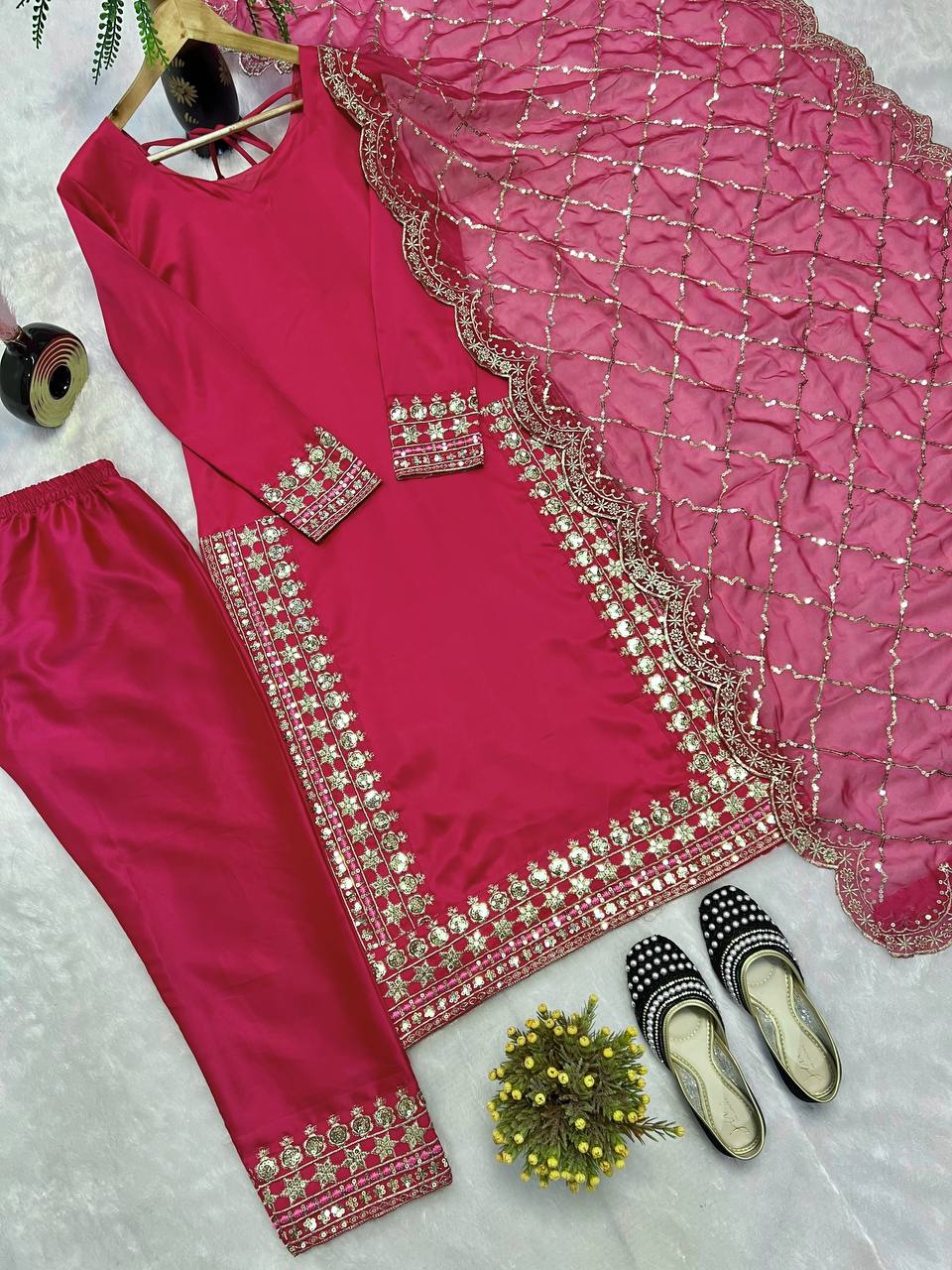 Designer Long Pakistani Suit Top , Pant and Dupptta In Fancy Style