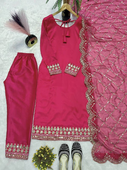 Designer Long Pakistani Suit Top , Pant and Dupptta In Fancy Style