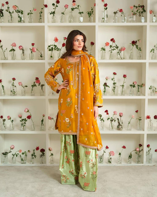 Designer Collection In Natural Crep Silk Top-Bottom And Dupatta Set Fully Stitched Ready To Wear