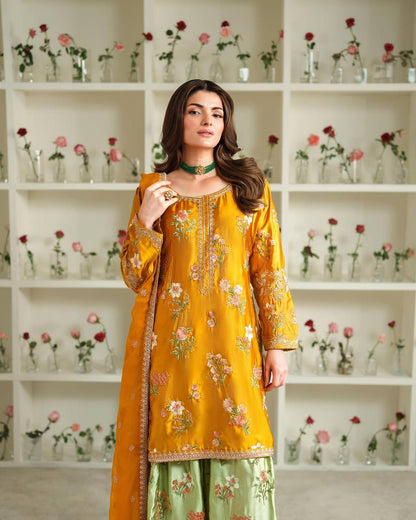 Designer Collection In Natural Crep Silk Top-Bottom And Dupatta Set Fully Stitched Ready To Wear