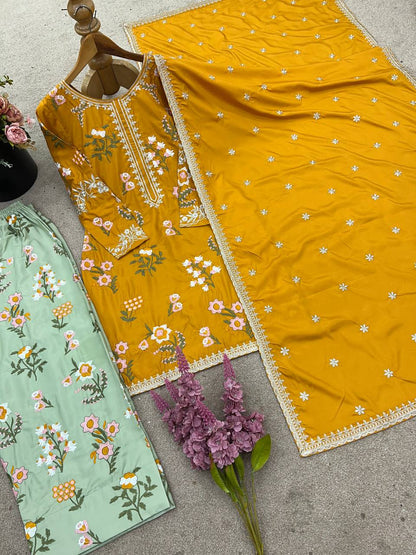 Designer Collection In Natural Crep Silk Top-Bottom And Dupatta Set Fully Stitched Ready To Wear