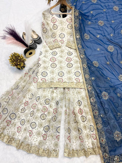 New Designer Party Wear Look Top-Plazzo and Dupatta With Heavy Embroidery Work