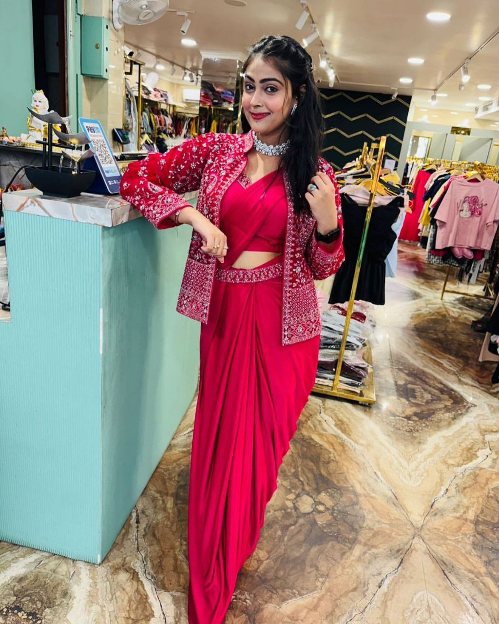 Trending Embroidery Sequence work ready to wear saree with full koti
