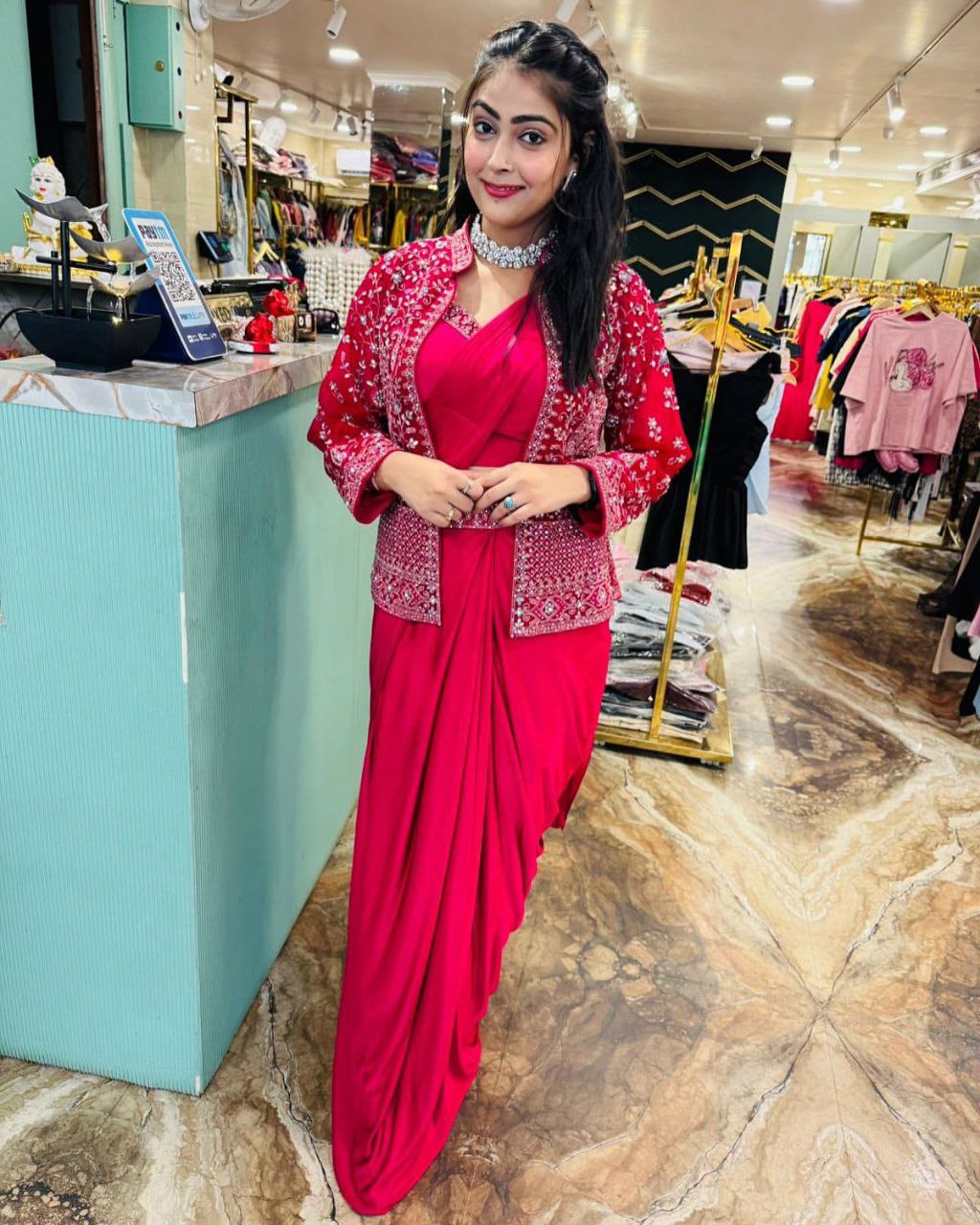 Trending Embroidery Sequence work ready to wear saree with full koti