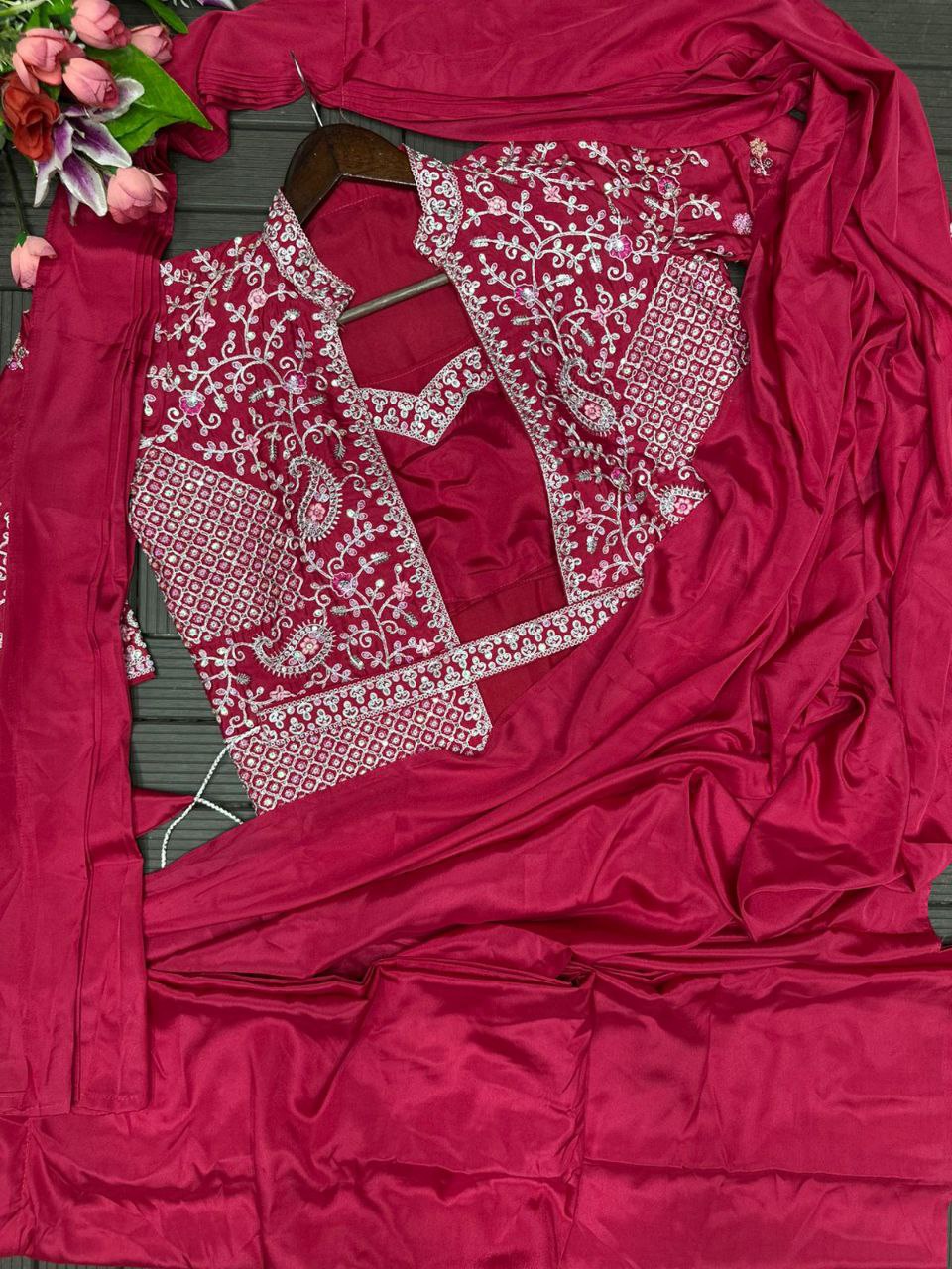 Trending Embroidery Sequence work ready to wear saree with full koti