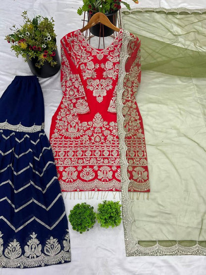 New Designer Party Wear Look Top-Plazzo and Dupatta With Heavy Embroidery Work*