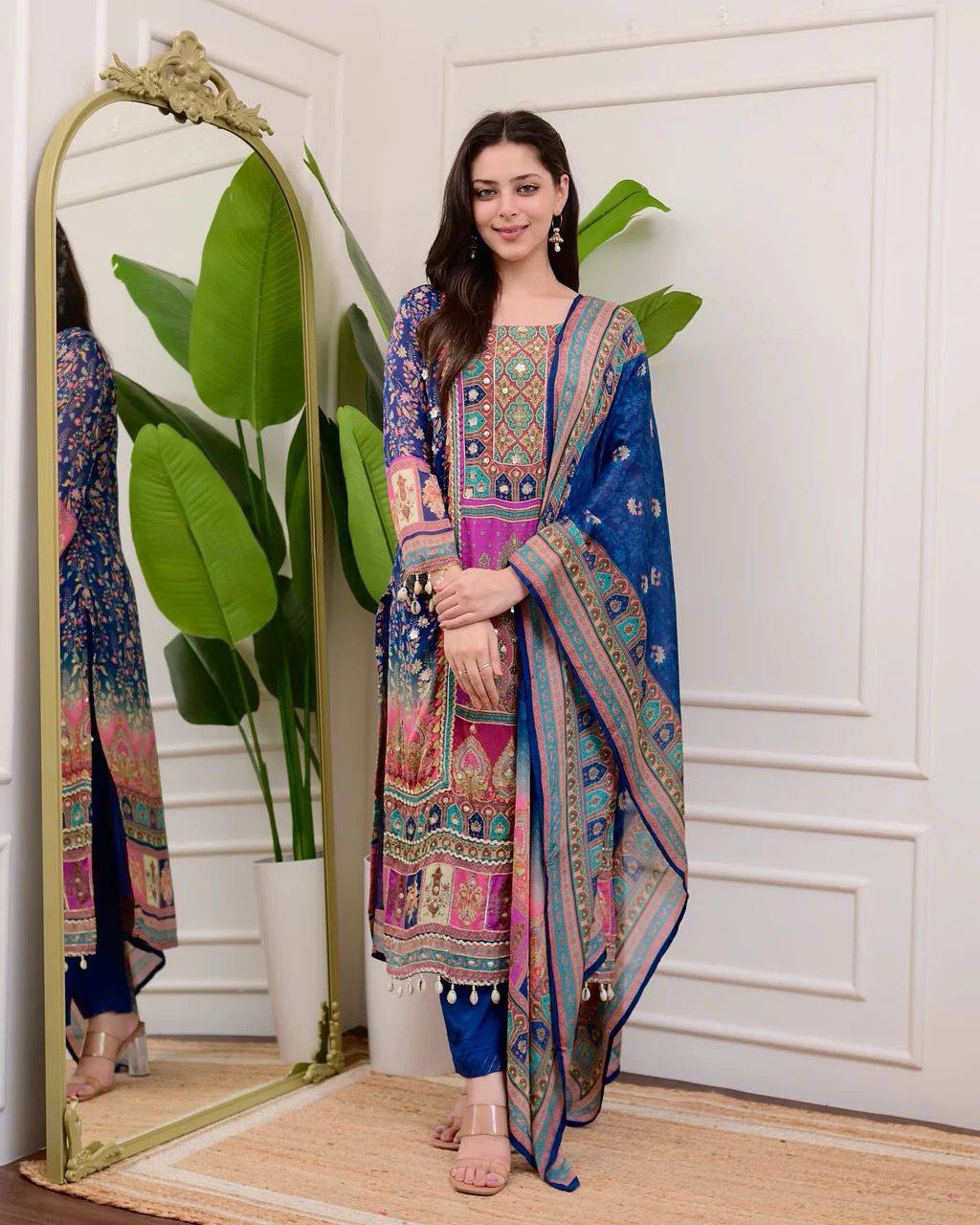 DESIGNER WEAR TRENDING  TOP WITH PRINTED WORK WITH MIROR WORK WITH PANT AND DUPATTA
