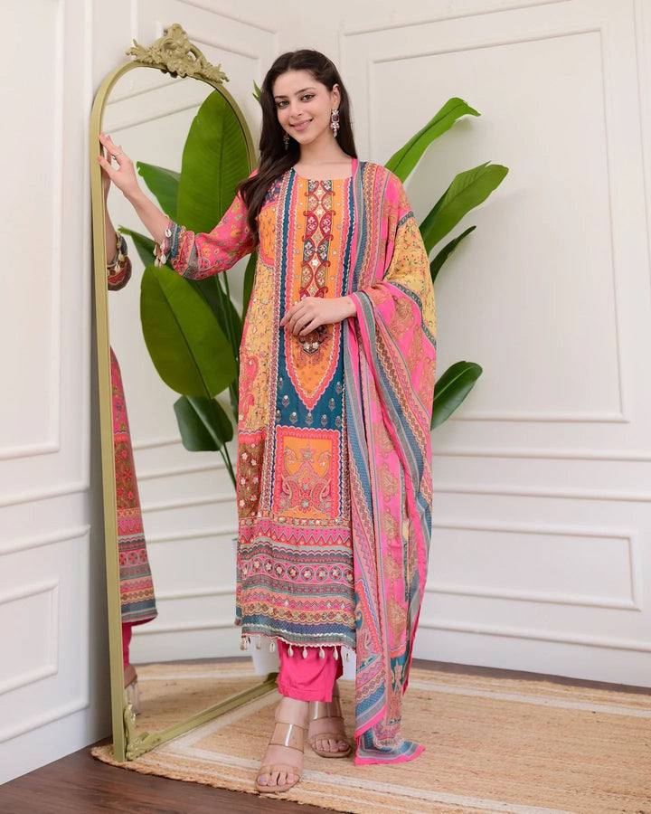 DESIGNER WEAR TRENDING  TOP WITH PRINTED WORK WITH MIROR WORK WITH PANT AND DUPATTA