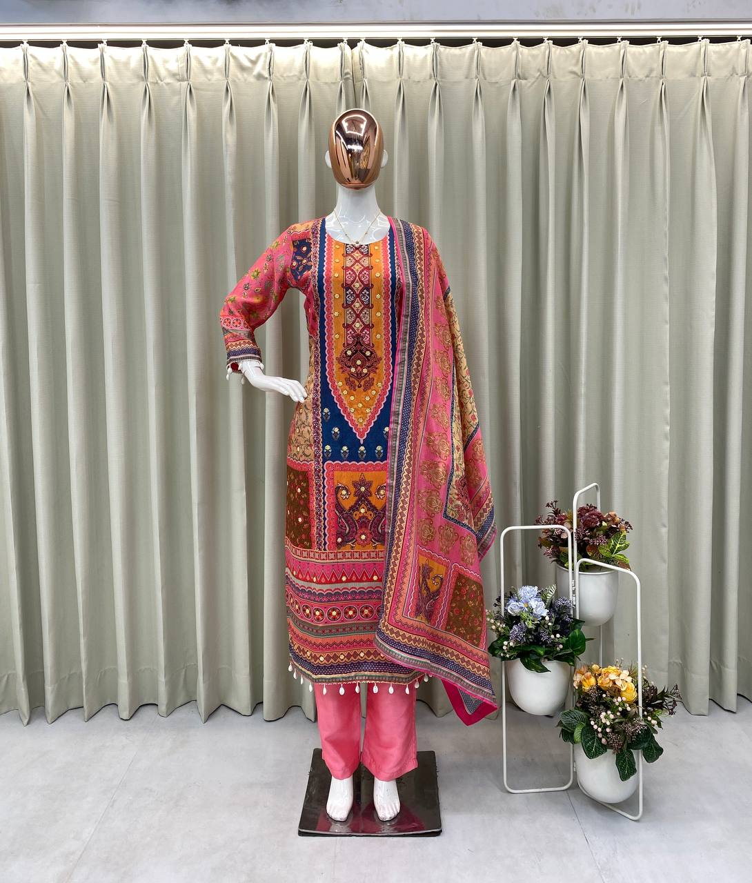 DESIGNER WEAR TRENDING  TOP WITH PRINTED WORK WITH MIROR WORK WITH PANT AND DUPATTA