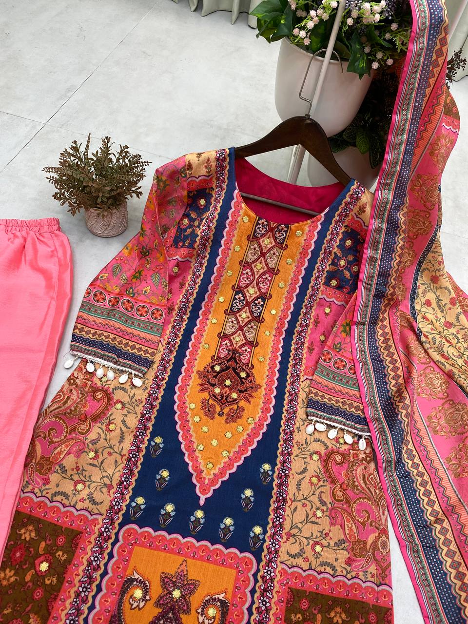 DESIGNER WEAR TRENDING  TOP WITH PRINTED WORK WITH MIROR WORK WITH PANT AND DUPATTA