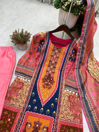 DESIGNER WEAR TRENDING  TOP WITH PRINTED WORK WITH MIROR WORK WITH PANT AND DUPATTA