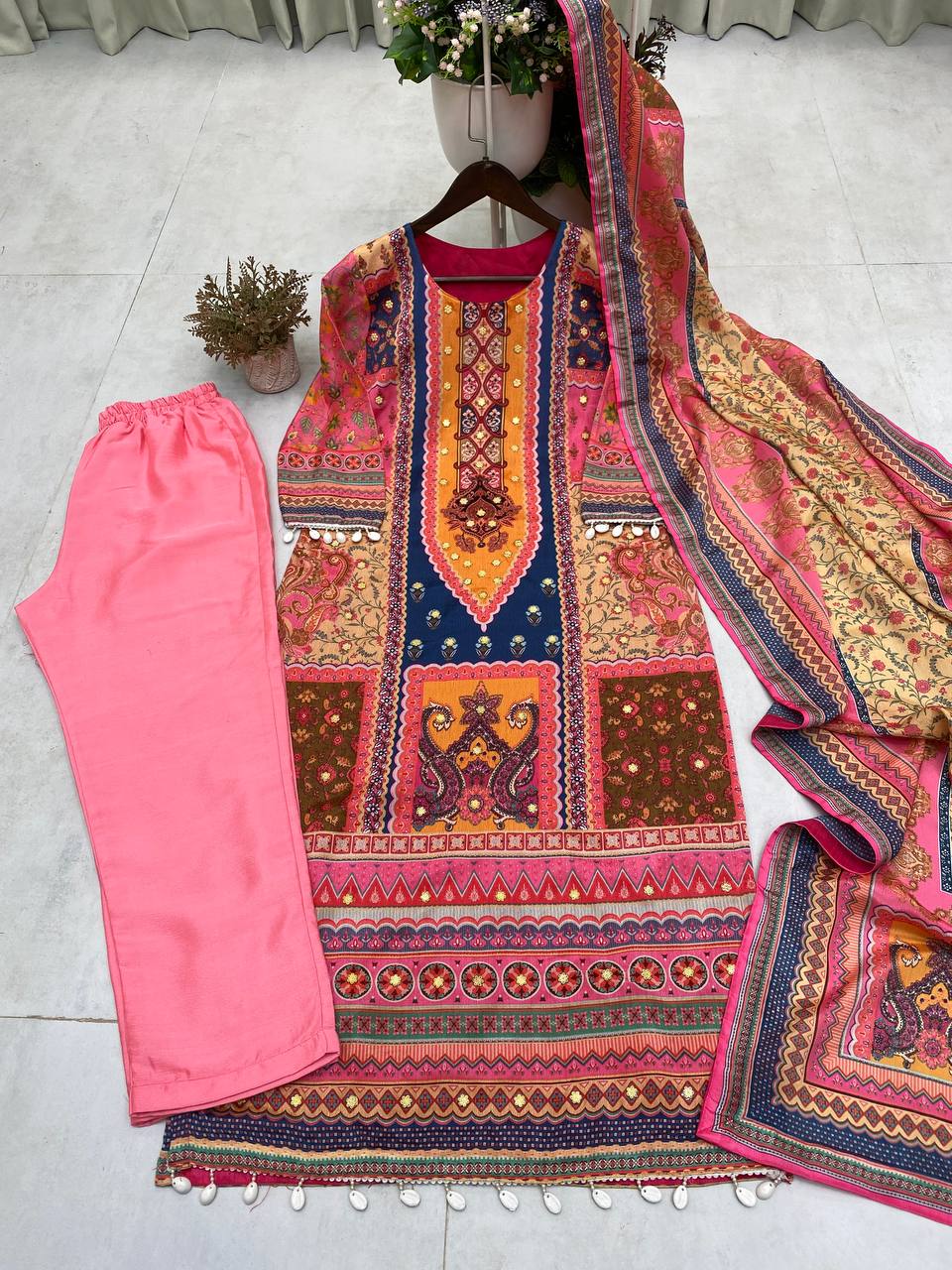 DESIGNER WEAR TRENDING  TOP WITH PRINTED WORK WITH MIROR WORK WITH PANT AND DUPATTA
