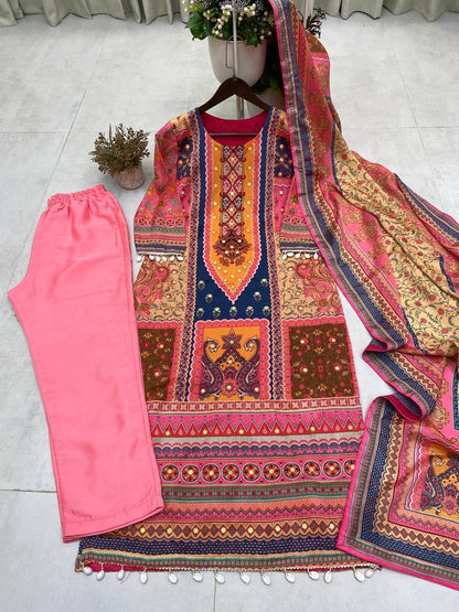 DESIGNER WEAR TRENDING  TOP WITH PRINTED WORK WITH MIROR WORK WITH PANT AND DUPATTA